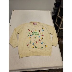 Merry Christmas Light It Up‎ Holiday Sweater Cream Knit Mens XL Festive Graphic